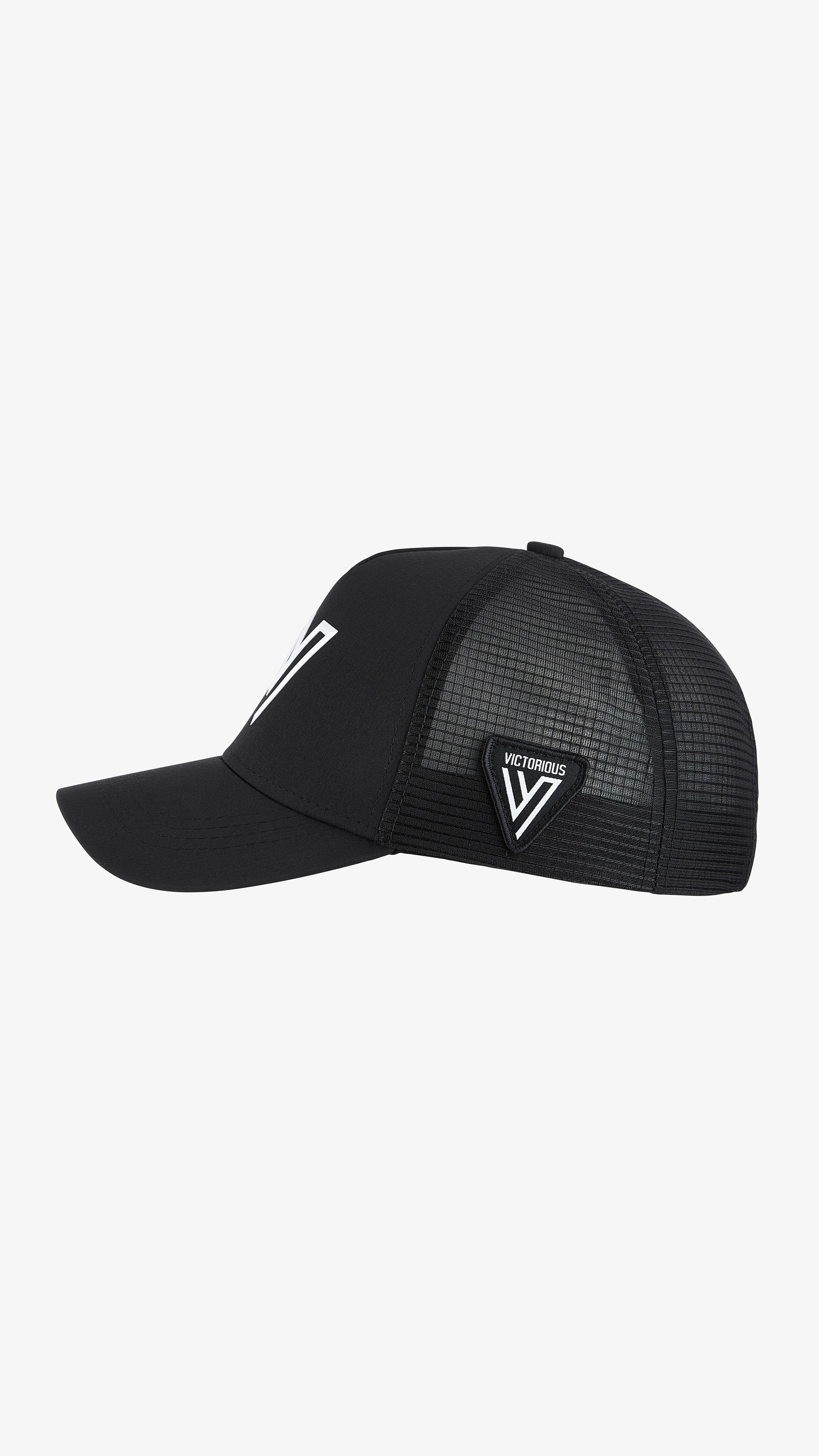 Black/White Parma Trucker, left side view, raised rubber VICTORIOUS badge on white mesh