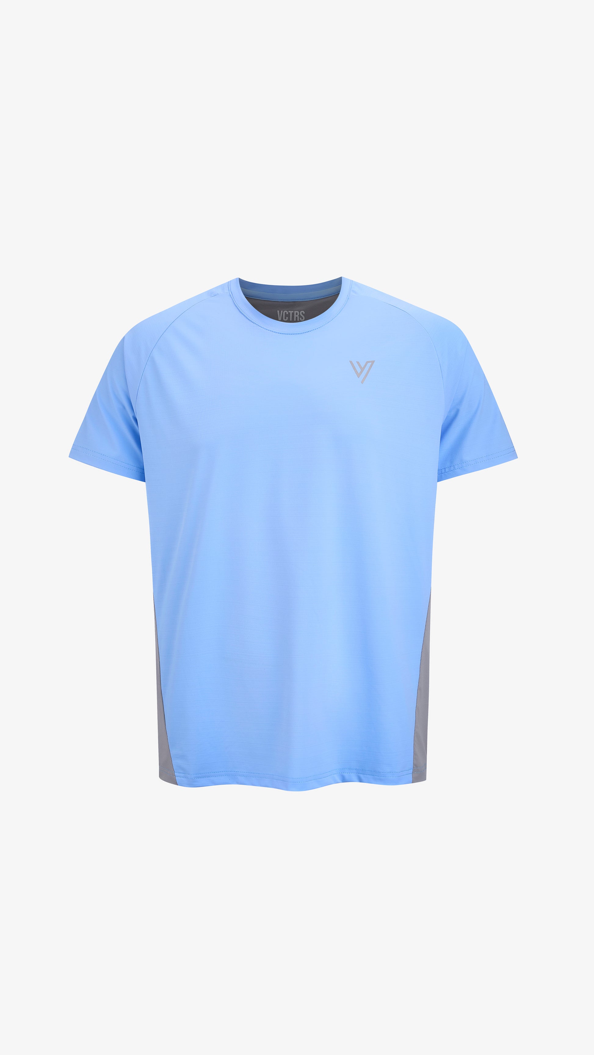 Blue/Grey Editor Training Tee, front view, nylon and spandex athletic fit with reflective chest logo