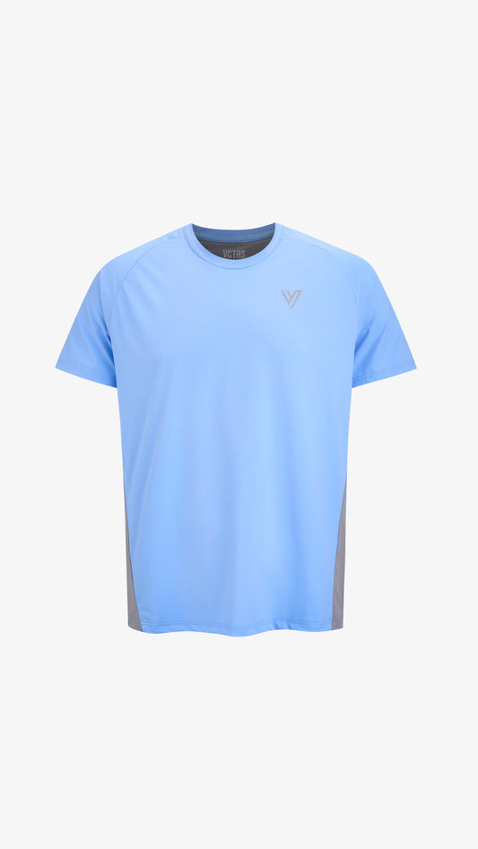 Blue/Grey Editor Training Tee, front view, nylon and spandex athletic fit with reflective chest logo