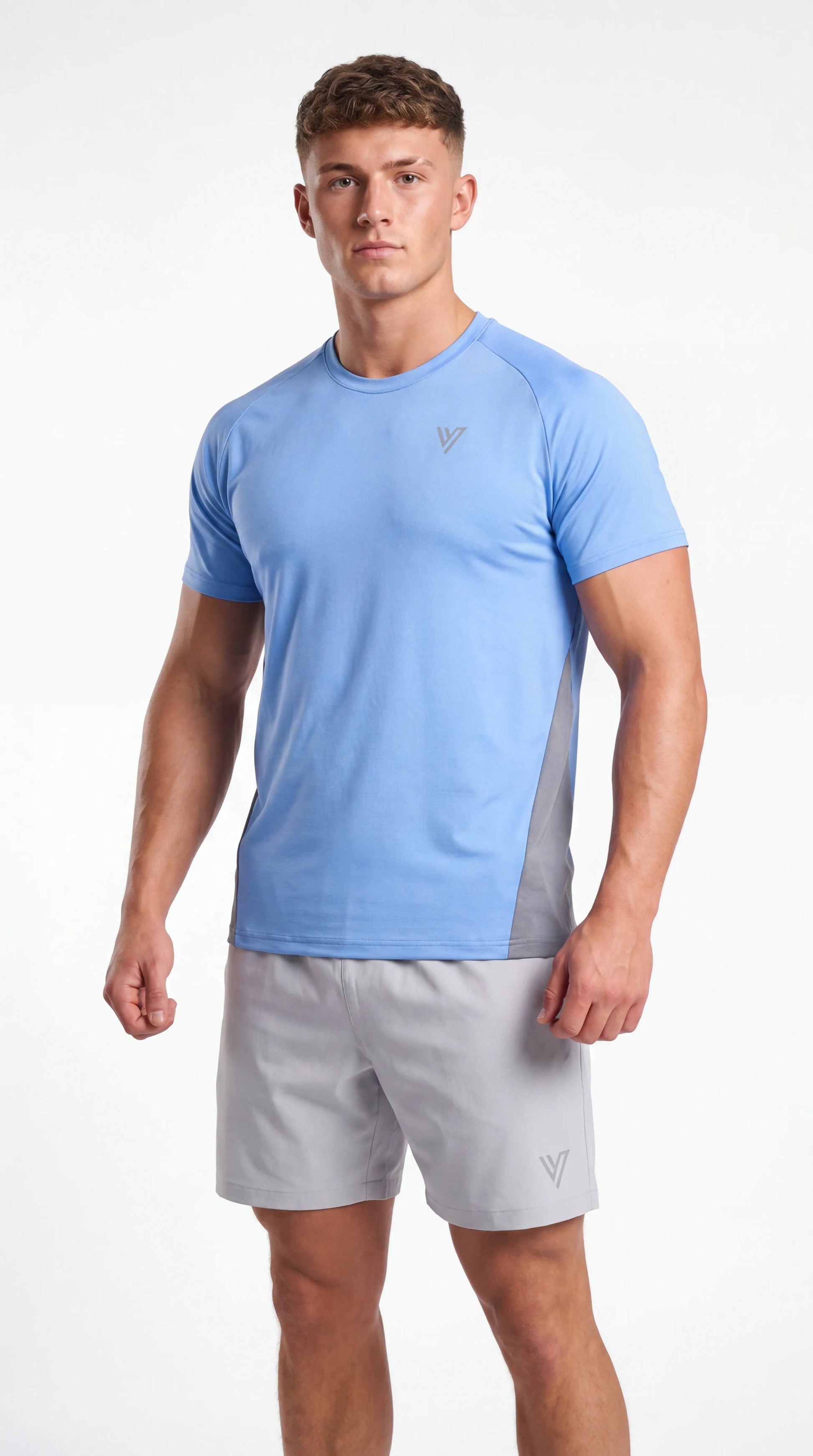 Model wearing the Blue/Grey Training Tee & Short Set