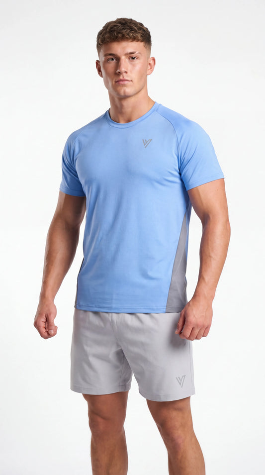 Model wearing the Blue/Grey Training Tee & Short Set