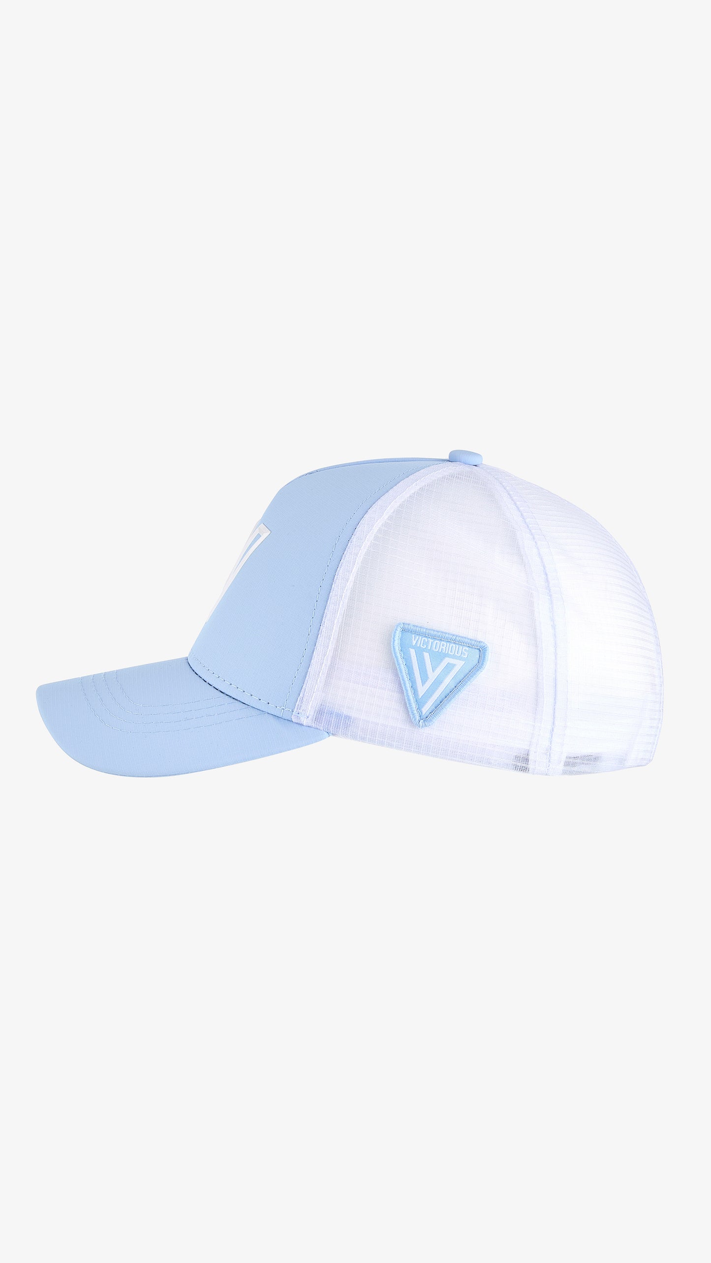 Blue/White Parma Trucker, left side view, raised rubber VICTORIOUS badge on white mesh