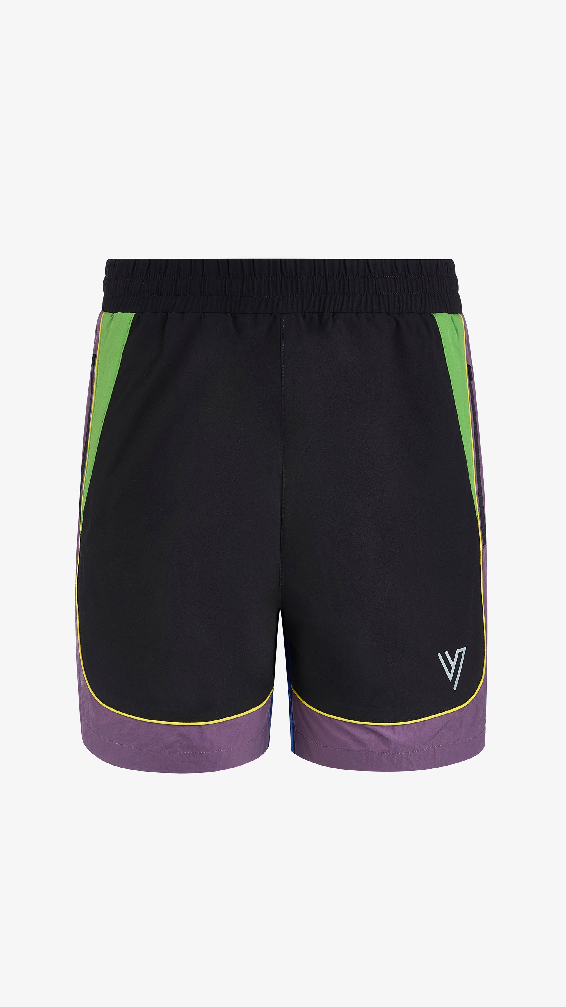 Cassius Short in black, purple, green and blue, front view, colour-blocked with contrast side panels