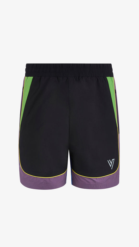 Cassius Short in black, purple, green and blue, front view, colour-blocked with contrast side panels