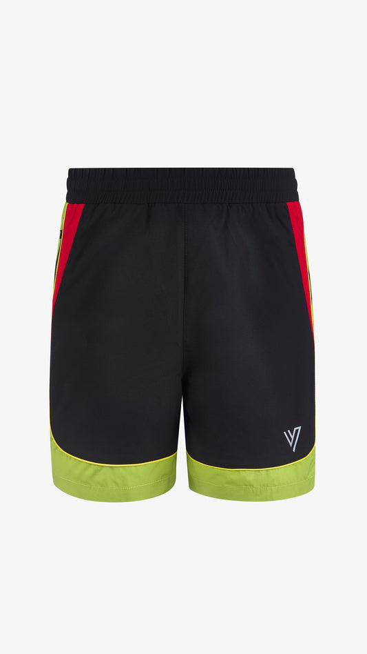 Cassius Short in blue, red, black and green, front view, colour-blocked with yellow piping and green hem