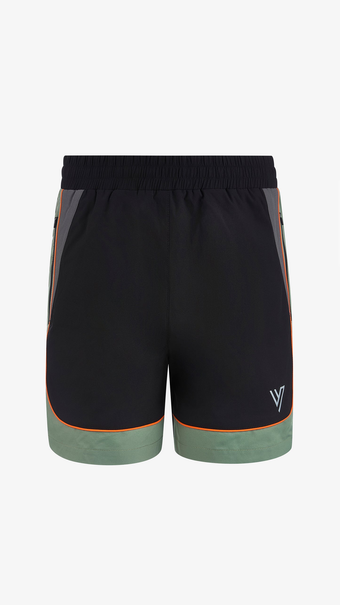 Cassius Short in green, black and grey, front view, colour-blocked with contrast side panels