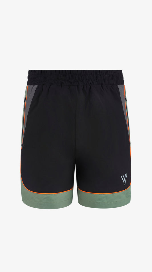 Cassius Short in green, black and grey, front view, colour-blocked with contrast side panels