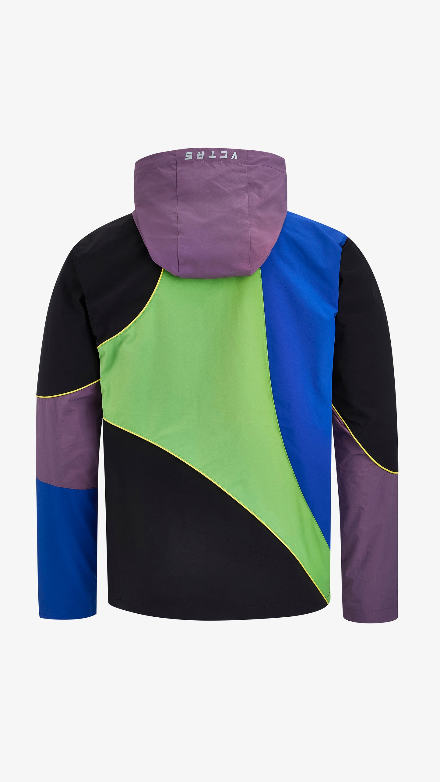 Cassius Windbreaker in black, purple, green and blue, back view