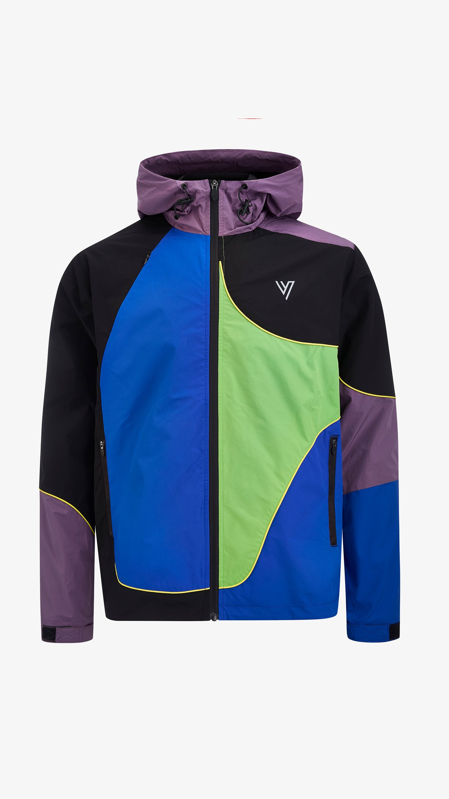 Cassius Windbreaker in black, purple, green and blue, front view, colour-blocked with yellow piping and drawstring hood