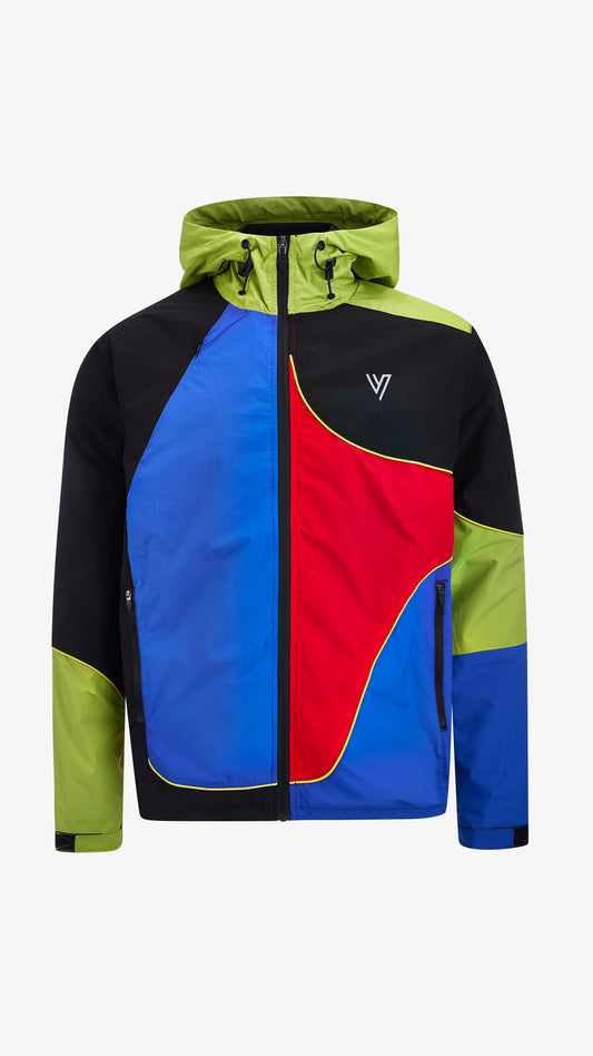 Cassius Windbreaker in blue, red, black and green, front view, colour-blocked with yellow piping and drawstring hood