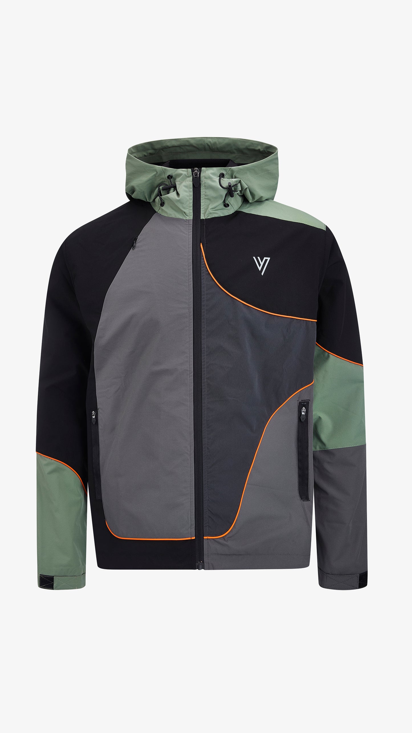 Cassius Windbreaker in sage green, black and grey, front view, colour-blocked with orange piping and drawstring hood