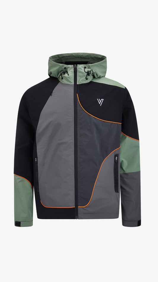 Cassius Windbreaker in sage green, black and grey, front view, colour-blocked with orange piping and drawstring hood