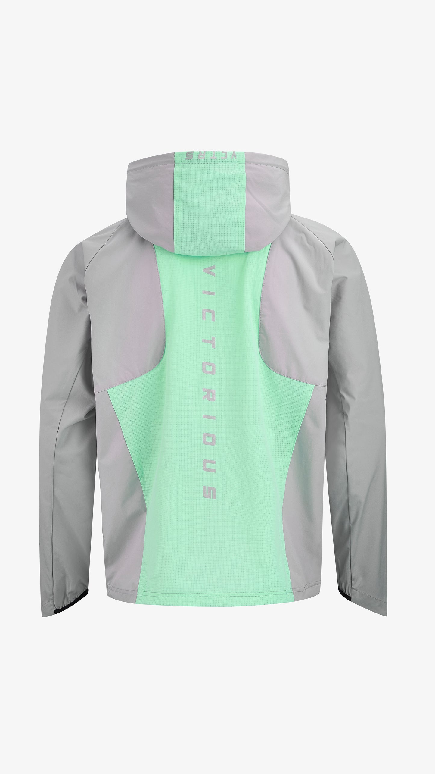 Grey/Mint Velum Windbreaker Hood, back view, reflective VICTORIOUS print