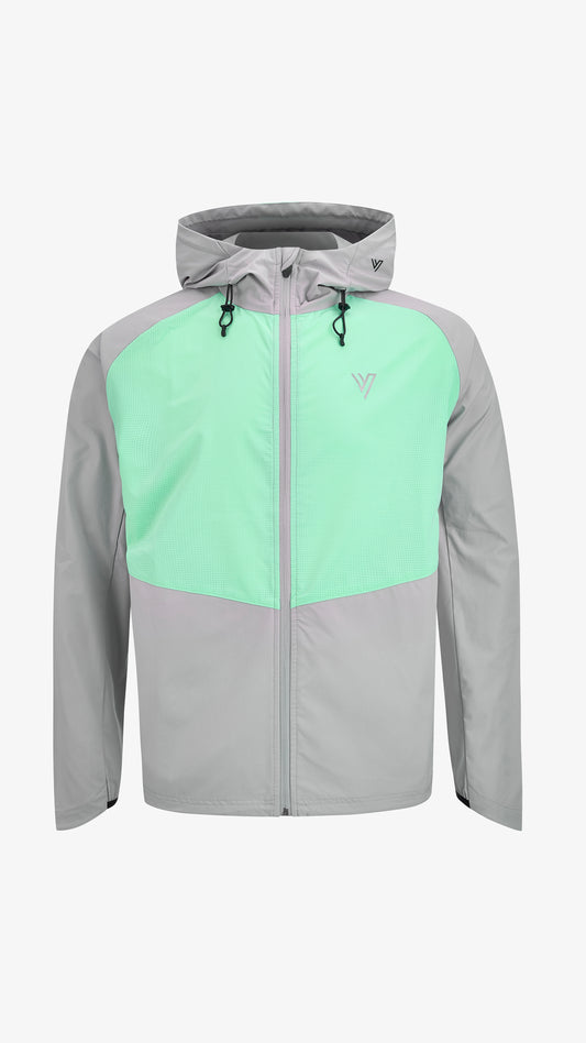 Grey/Mint Velum Windbreaker Hood, front view, colour-blocked grey and mint with full zip