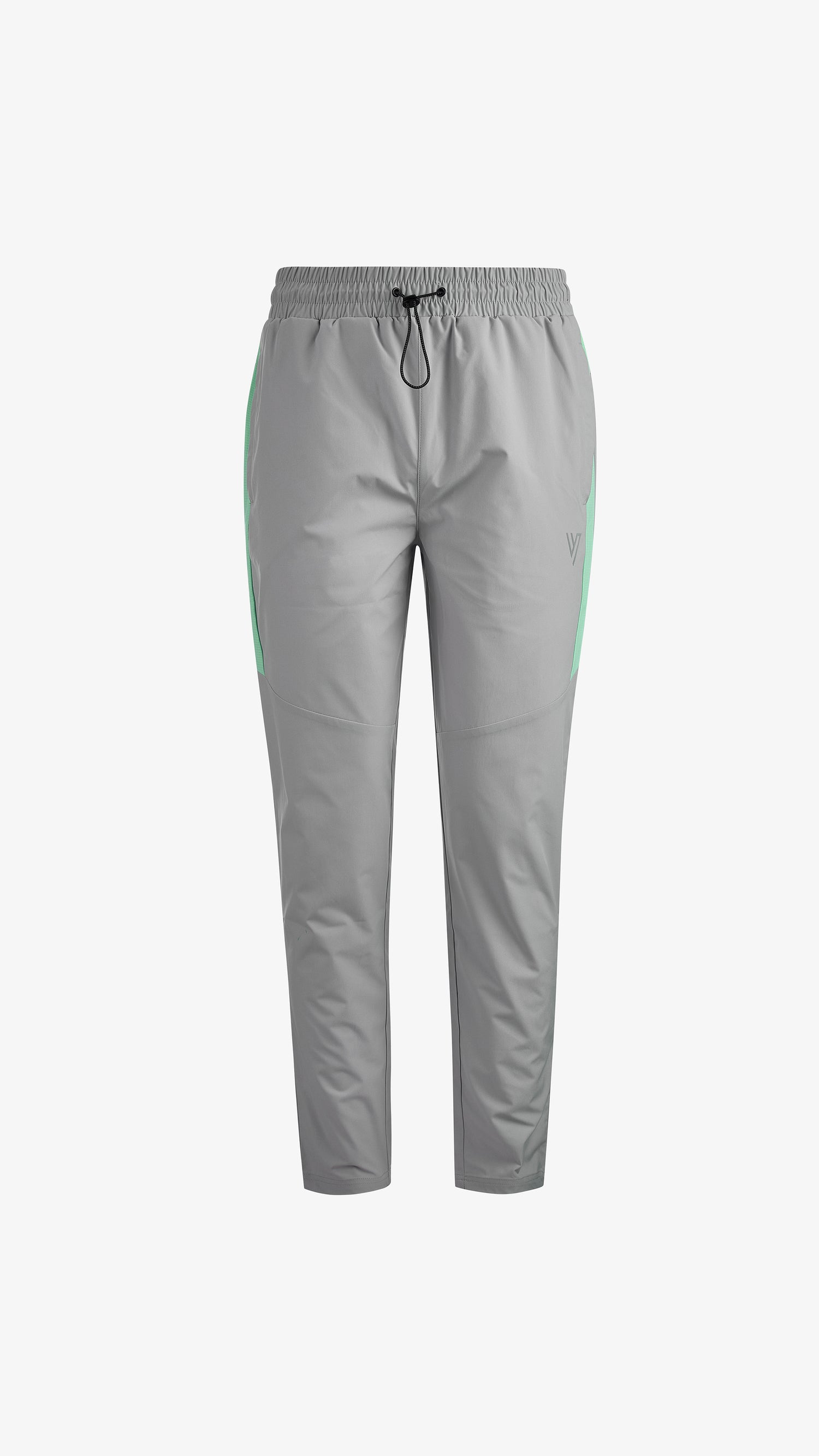 Grey/Mint Velum Windbreaker Pant, front view, drawstring elastic waist with mint panelling down each leg