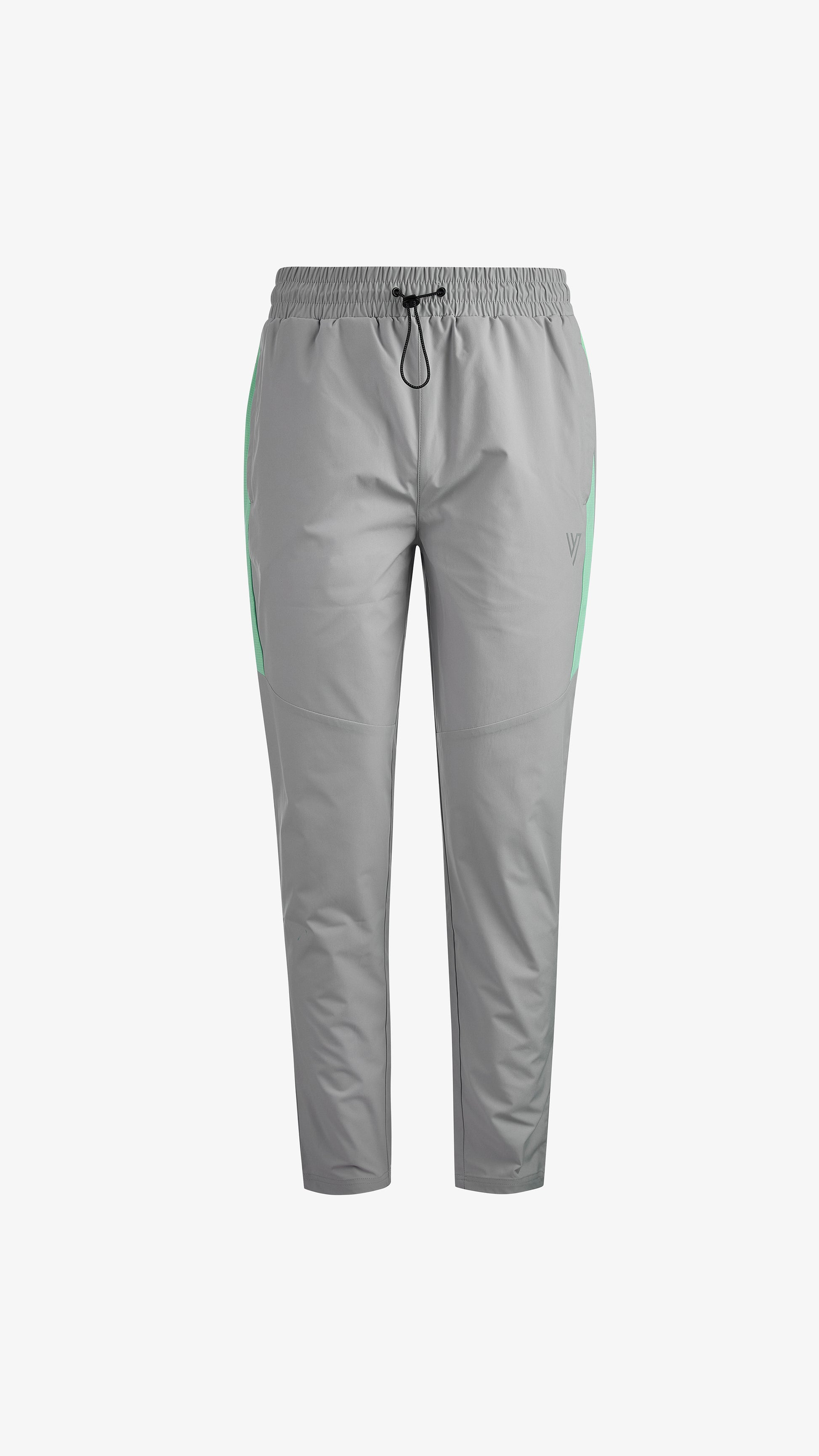 Grey/Mint Velum Windbreaker Pant, front view, drawstring elastic waist with mint panelling down each leg