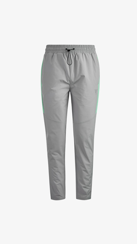 Grey/Mint Velum Windbreaker Pant, front view, drawstring elastic waist with mint panelling down each leg