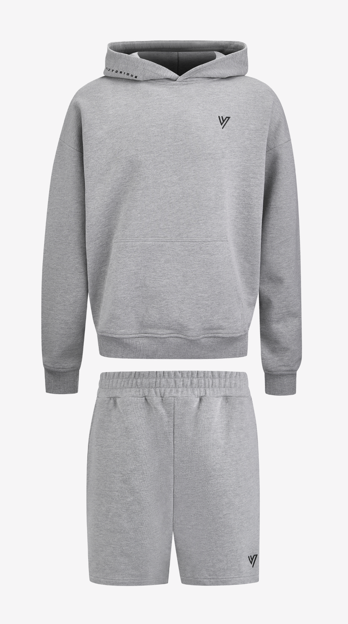Grey Primus Hoodie & Short Set, hoodie and jog short laid flat