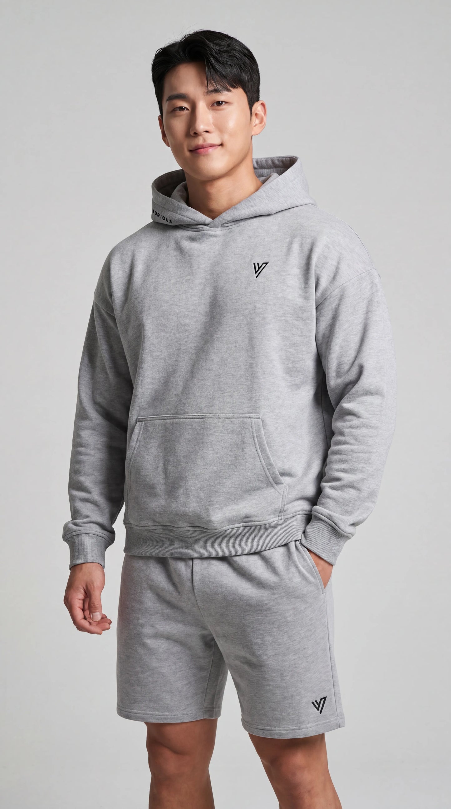 Model wearing the Grey Primus Hoodie & Short Set
