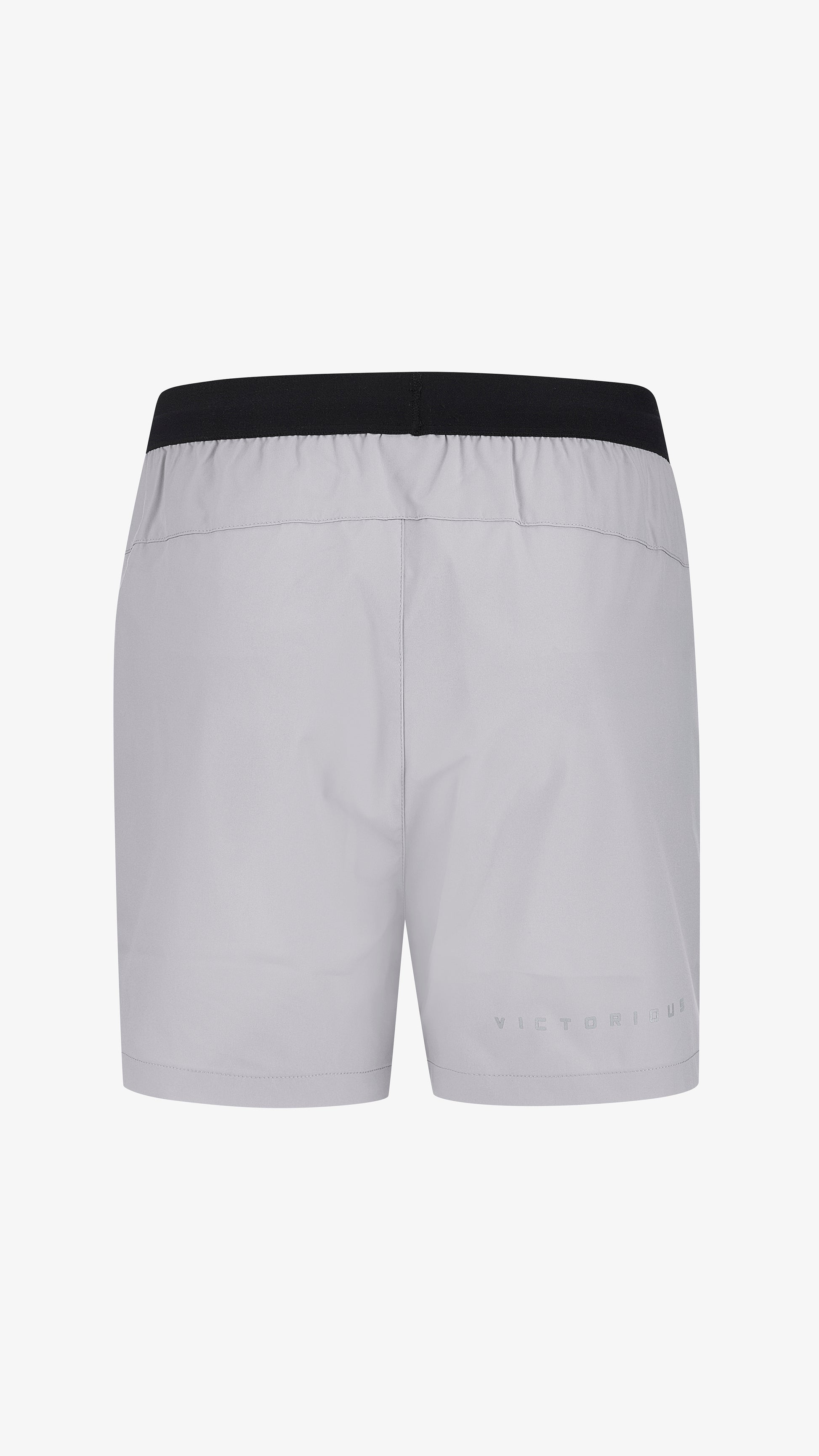 Grey Velum Short, back view, reflective VICTORIOUS print