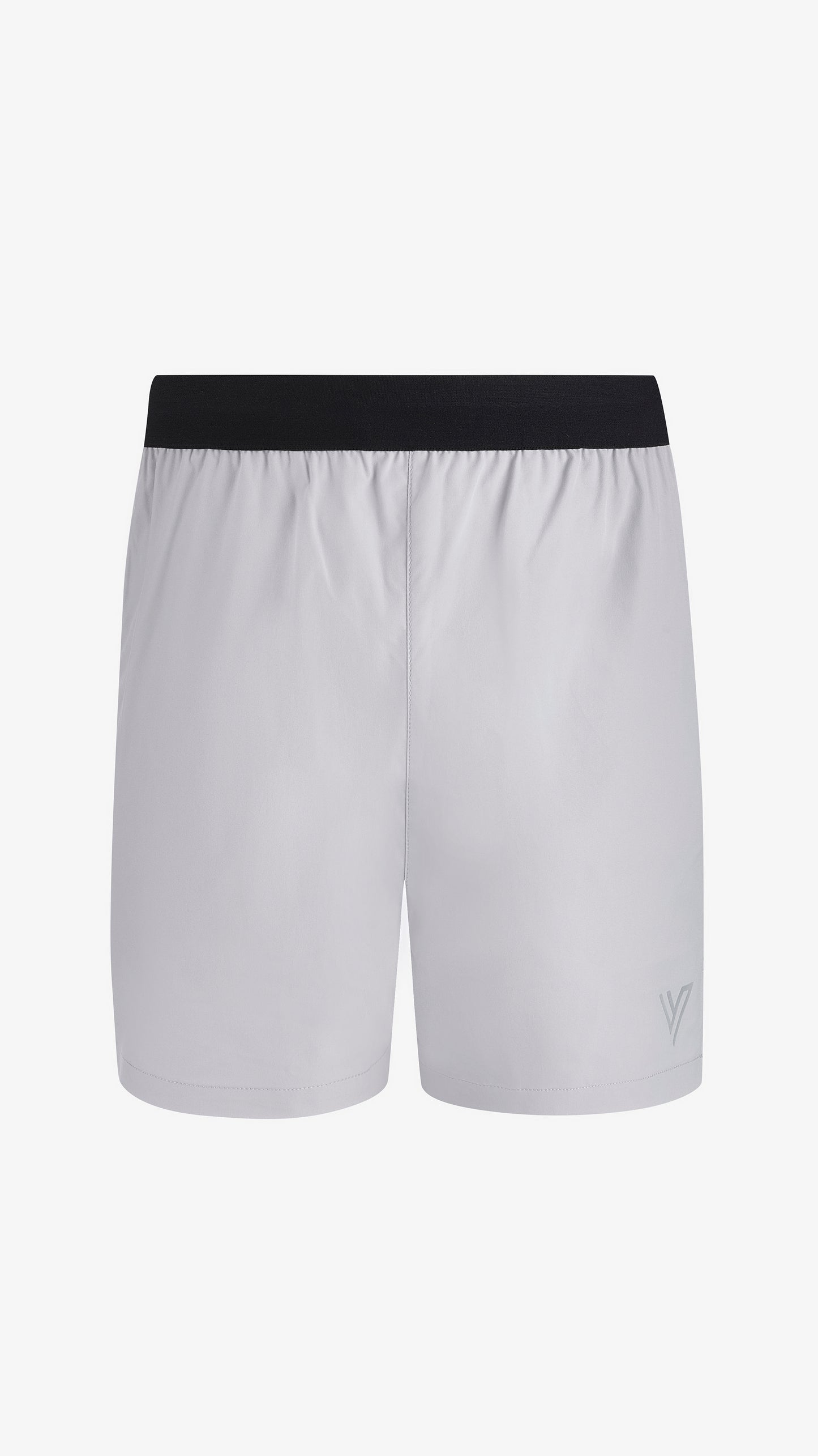 Grey Velum Short, front view, nylon and spandex athletic fit with reflective hem logo