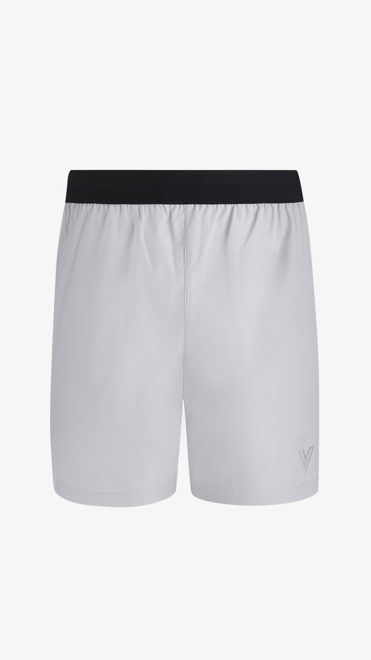 Grey Velum Short, front view, nylon and spandex athletic fit with reflective hem logo