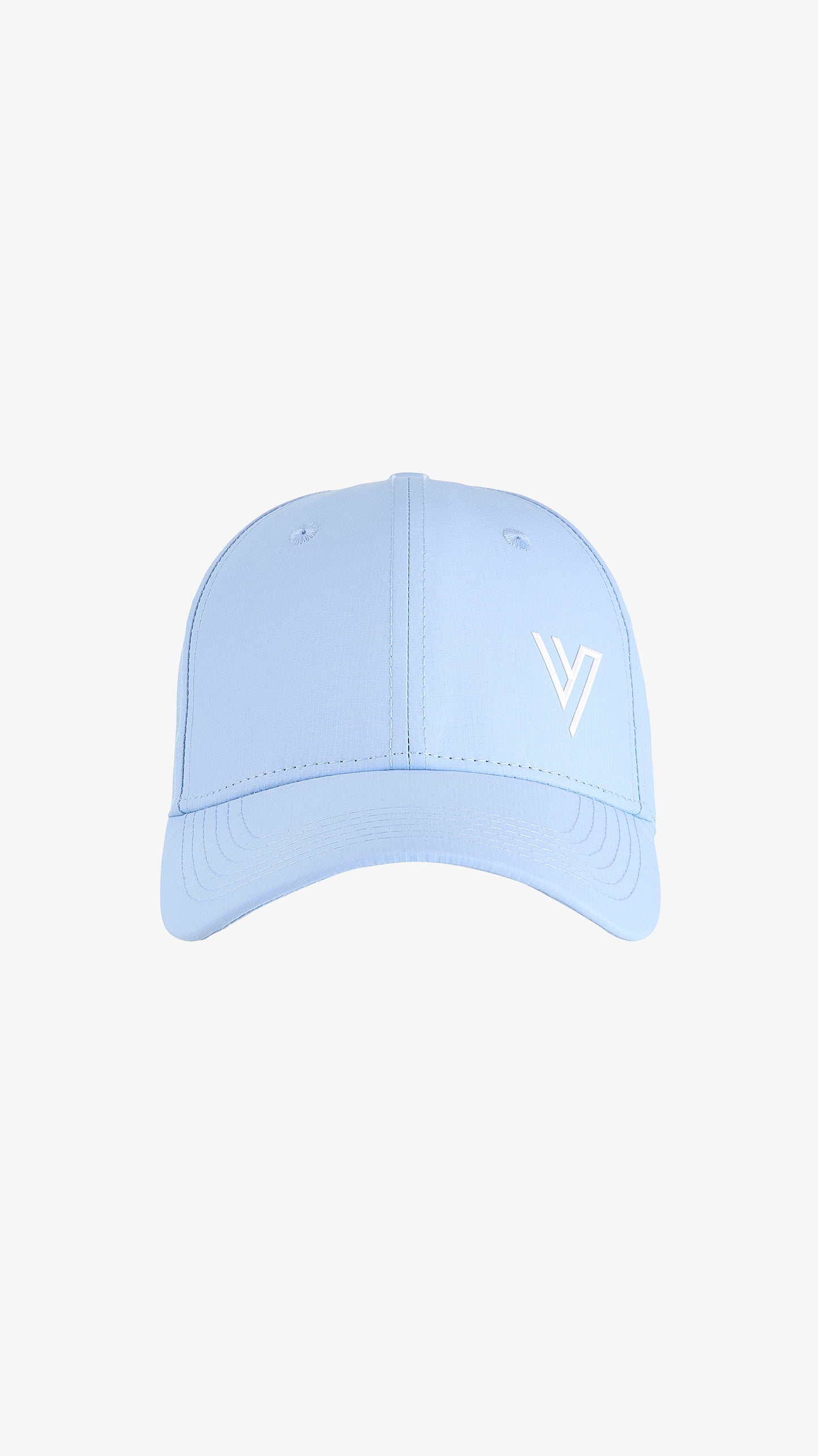 Light Blue Galea Cap, front view, structured six-panel baseball cap with embroidered V mark