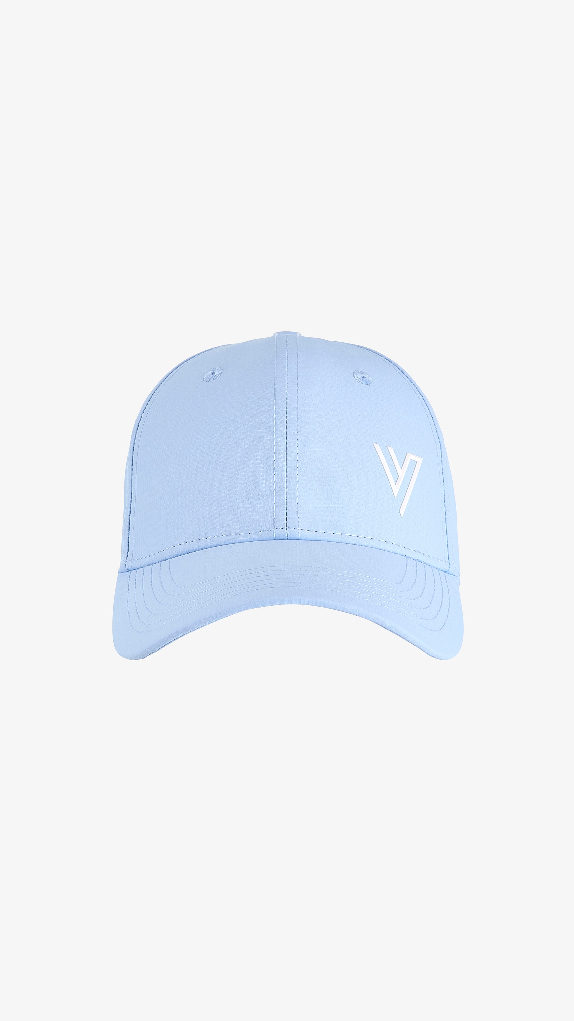 Light Blue Galea Cap, front view, structured six-panel baseball cap with embroidered V mark