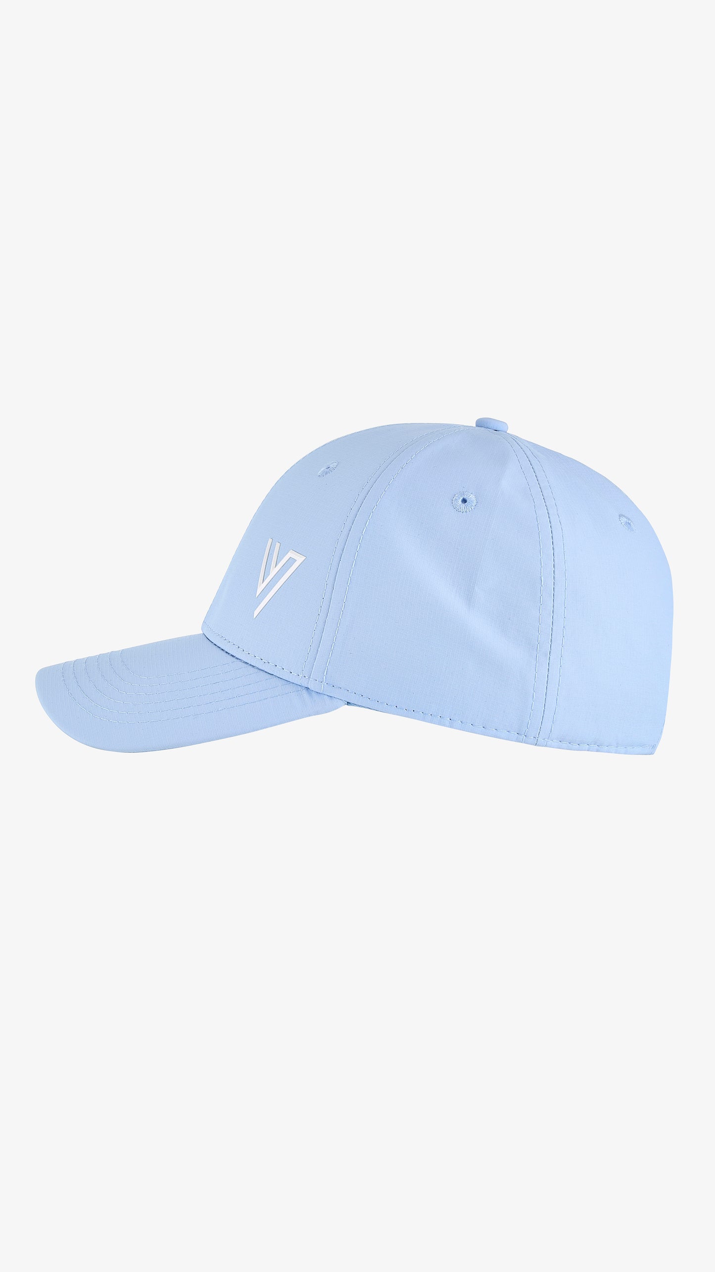 Light Blue Galea Cap, left side view, solid crown and pre-curved brim
