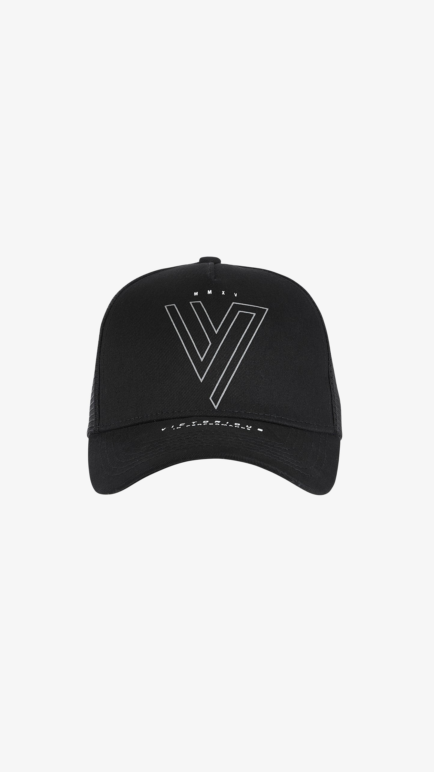 Black Ludus Trucker Cap, front view, outlined V logo beneath MMXV on structured front panel