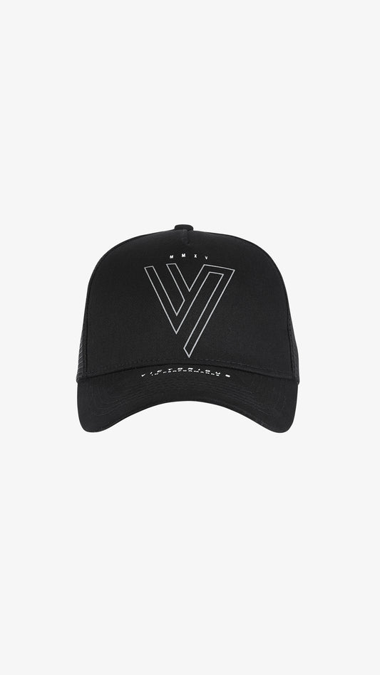 Black Ludus Trucker Cap, front view, outlined V logo beneath MMXV on structured front panel