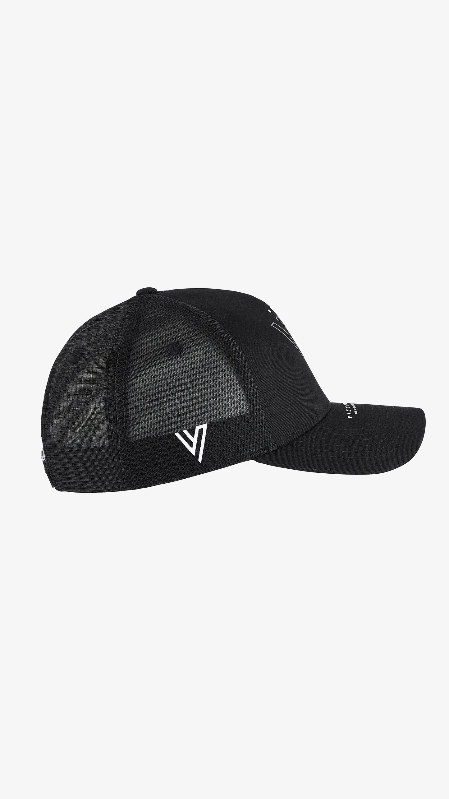 Black Ludus Trucker Cap, right side view, V mark on mesh panel