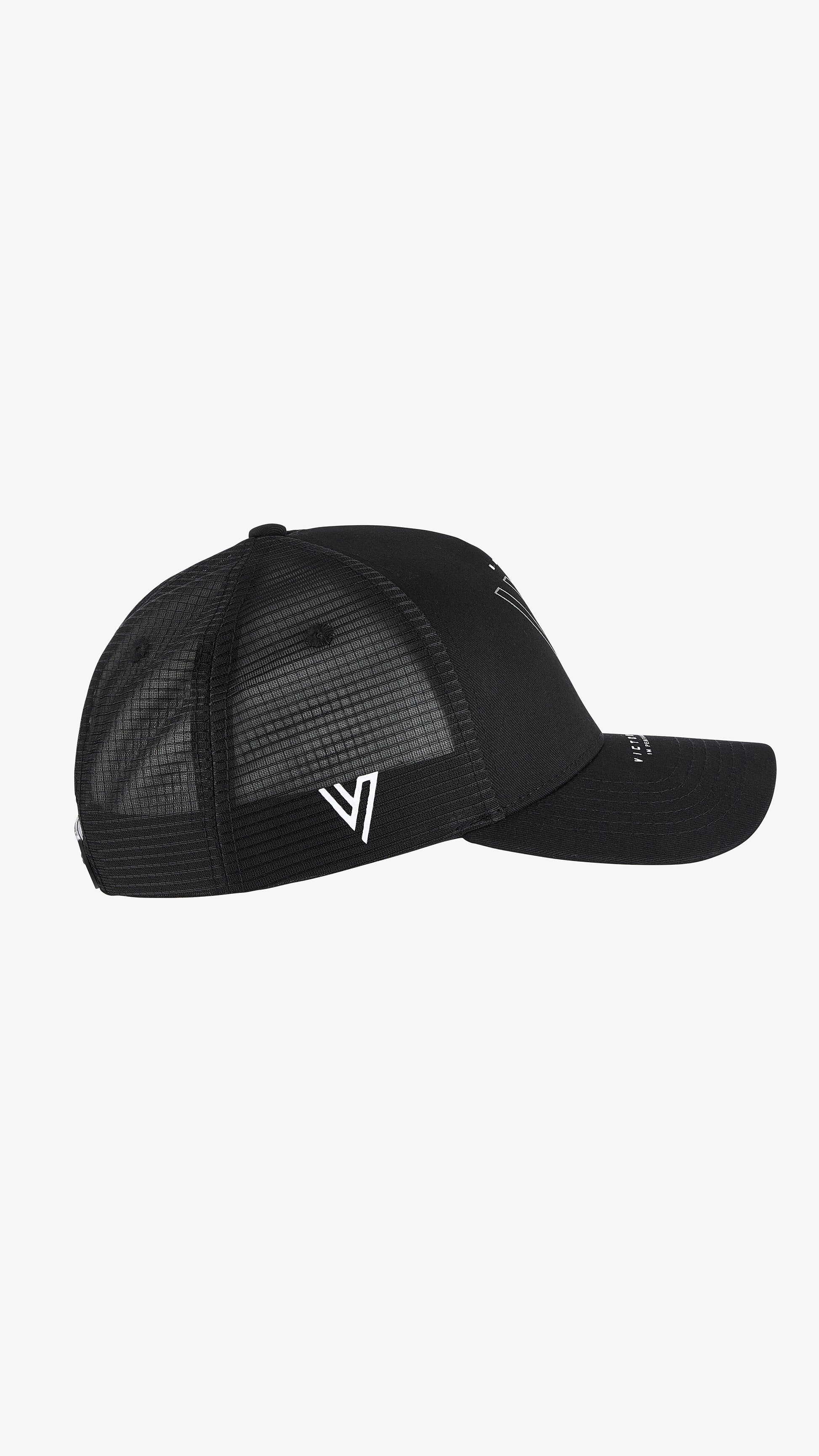 Black Ludus Trucker Cap, right side view, V mark on mesh panel