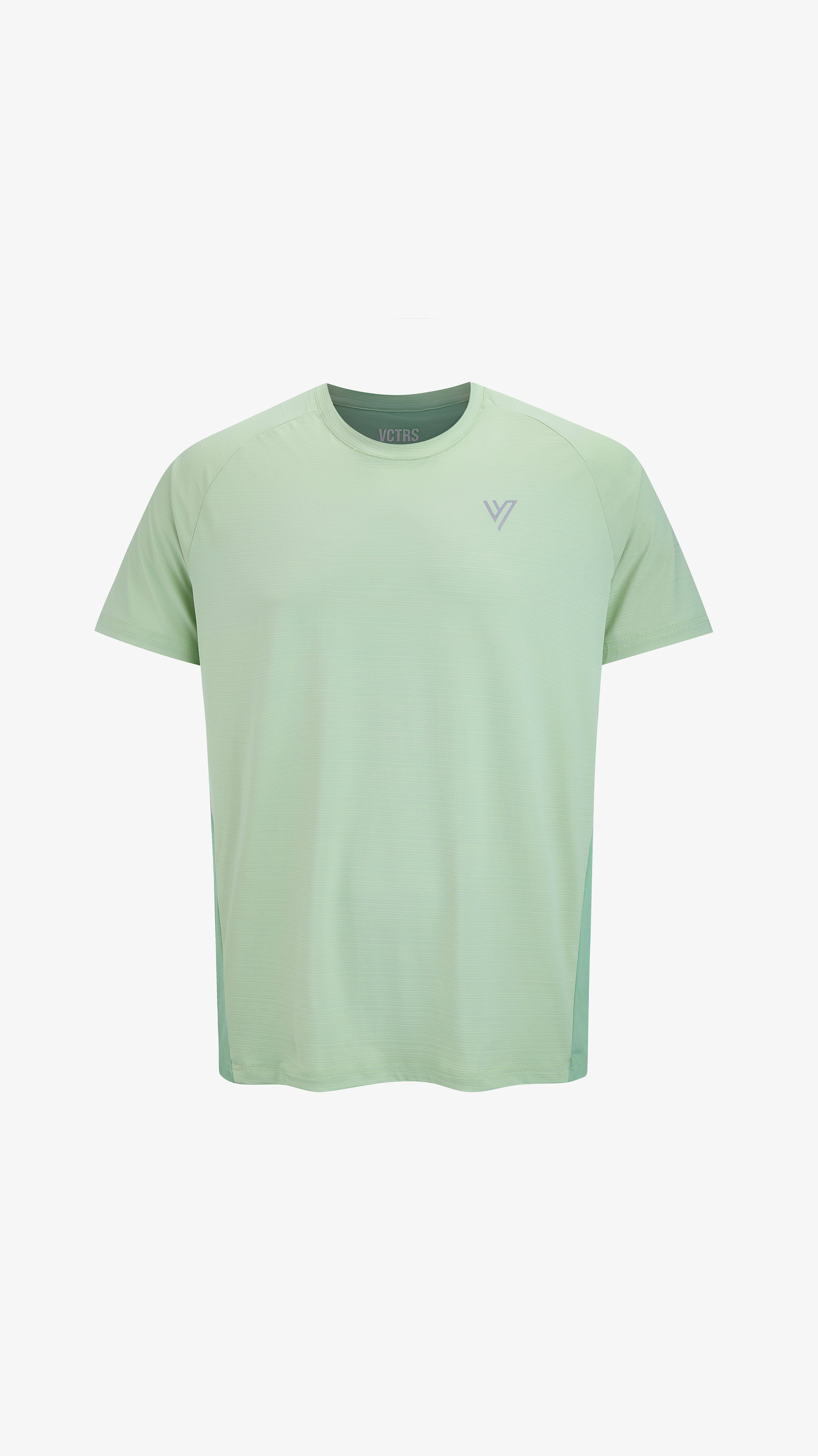 Mint Editor Training Tee, front view, nylon and spandex athletic fit with reflective chest logo