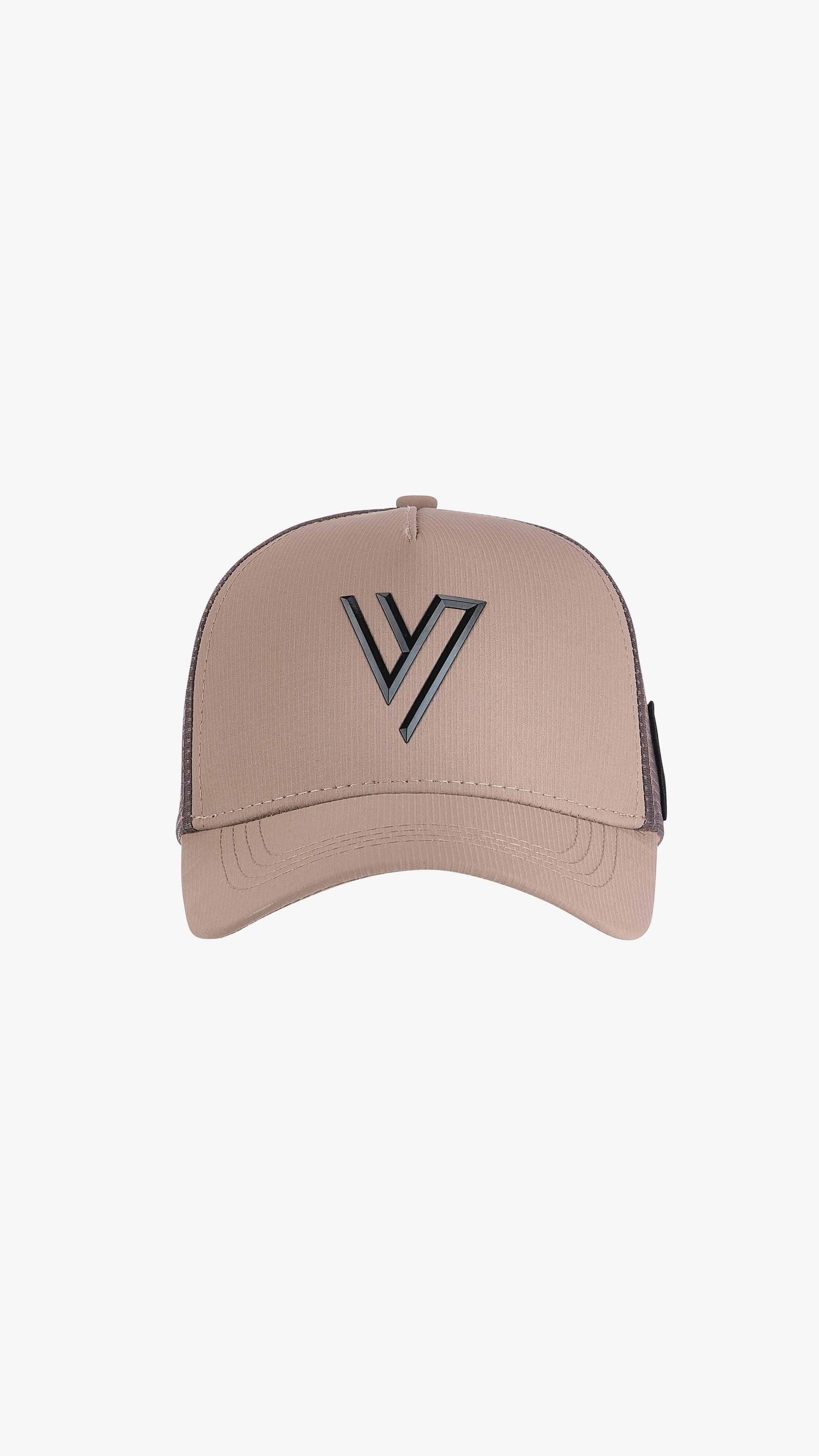 Stone Parma Trucker, front view, embroidered V logo on stone front panel