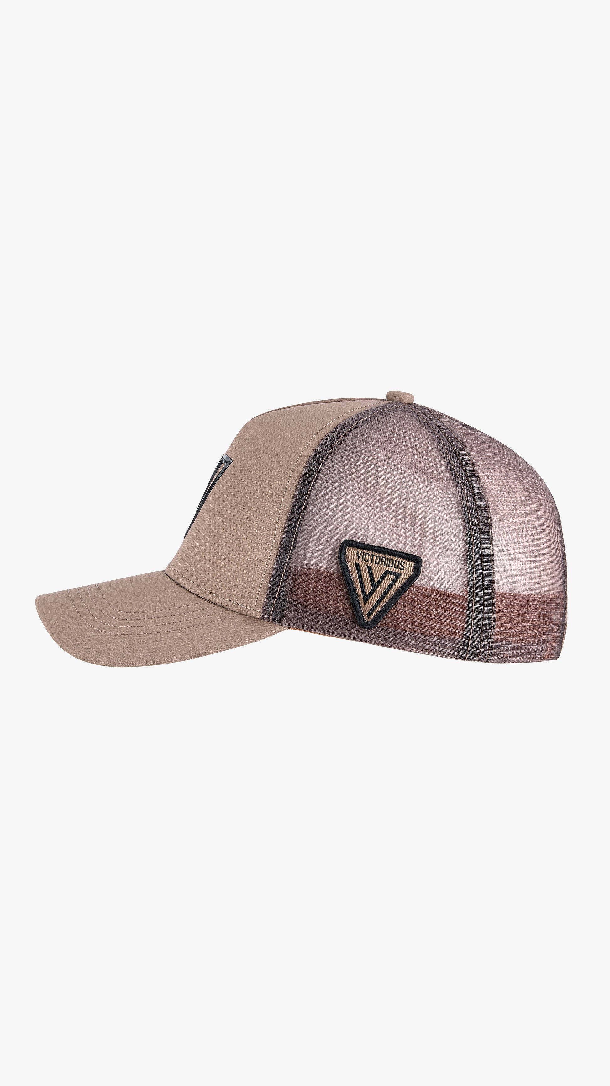 Stone Parma Trucker, left side view, raised rubber VICTORIOUS badge on stone mesh
